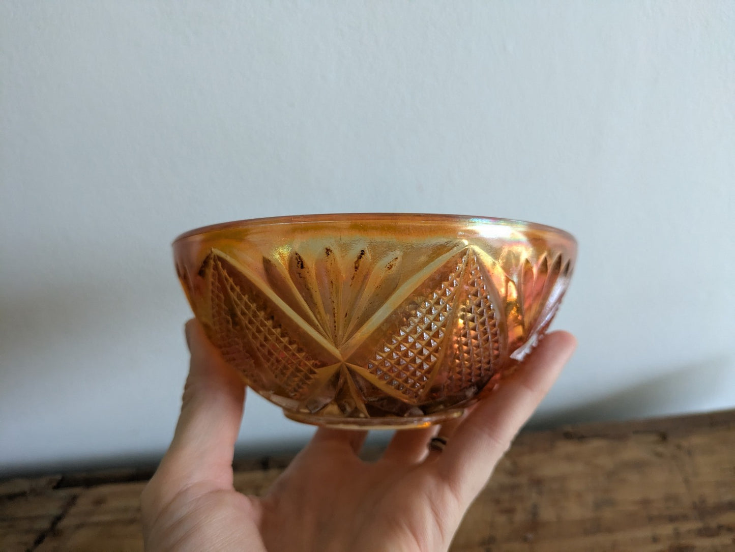 Small Fenton Marigold Carnival Glass Bowl Diamond And Fans Vintage Iridescent 