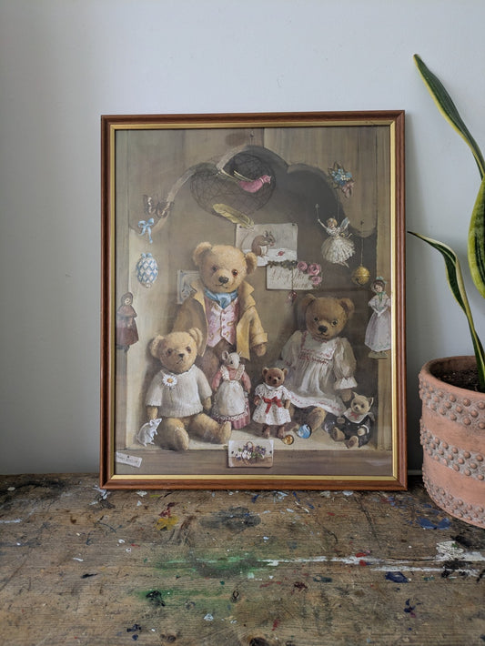 Large Vintage Deborah Jones Teddy Bear Print Framed Nursery Toys Child's Room 