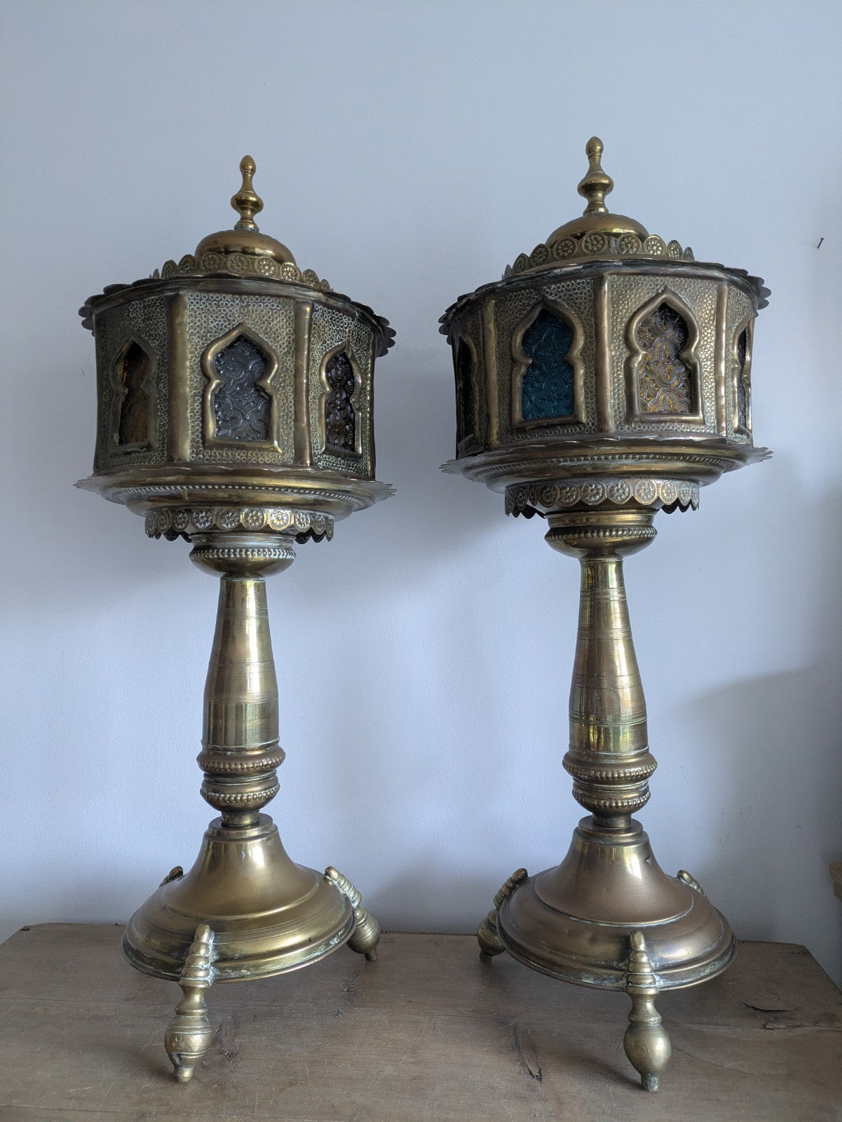 VTG Moroccan Brass Floor Lamps Stained Glass Gothic Original Pair Lights Props 