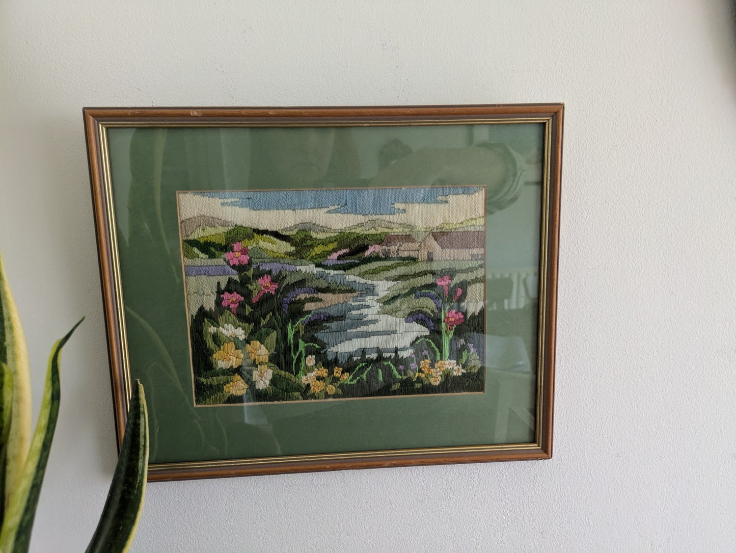 Country Side Embroidery Long Stitch Tapestry Picture Vtg River Floral Landscape