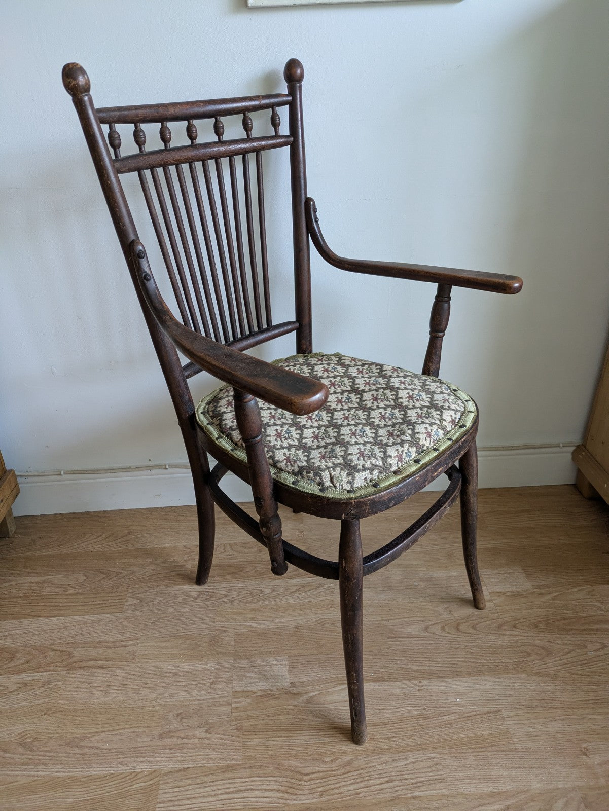 Antique Fischel Bentwood Carver Chair Upholstered Seat Thonet Early 20th Century