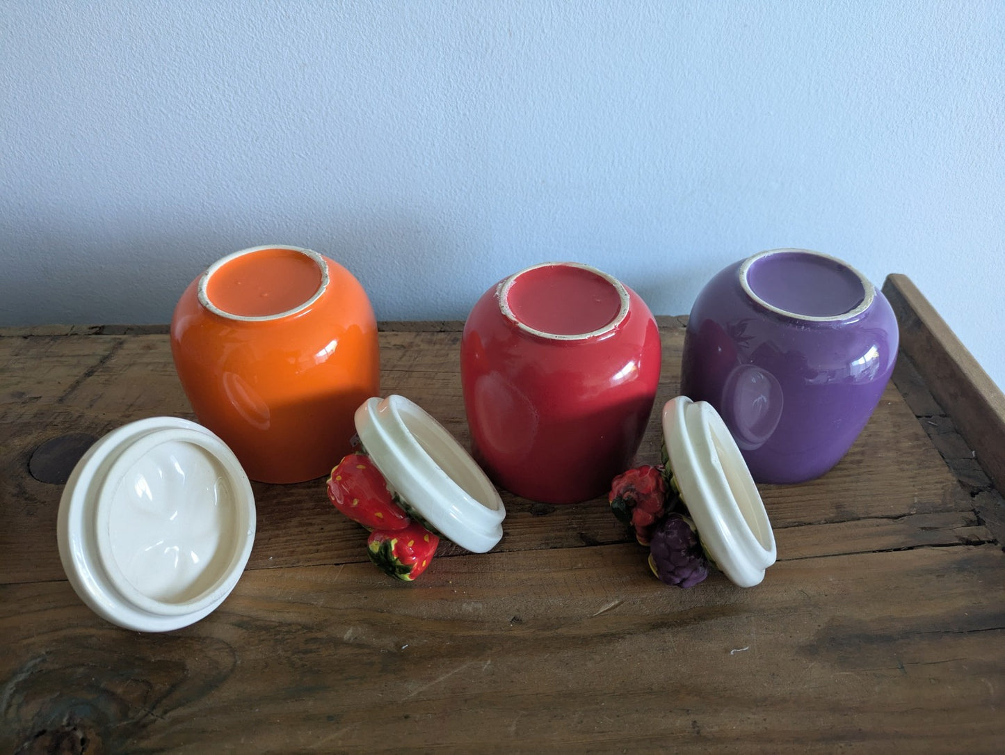 3x Vintage Preserve Jars Strawberry Orange Blackberry Shaped Lids 1980s Jam Jars