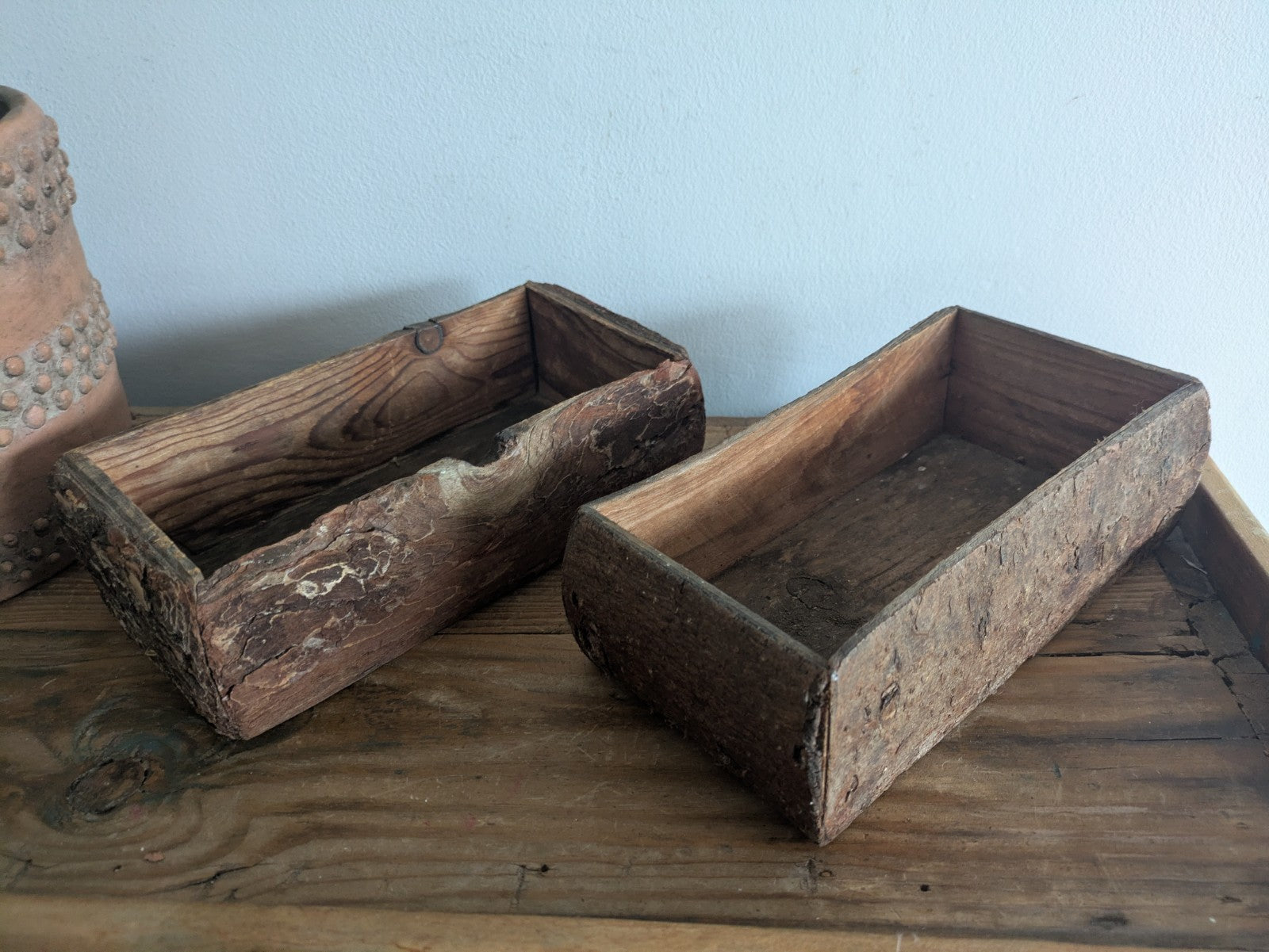 Pair Of Reclaimed Rustic Wood Handmade Box Planter Centerpiece Log Farmhouse Vgc