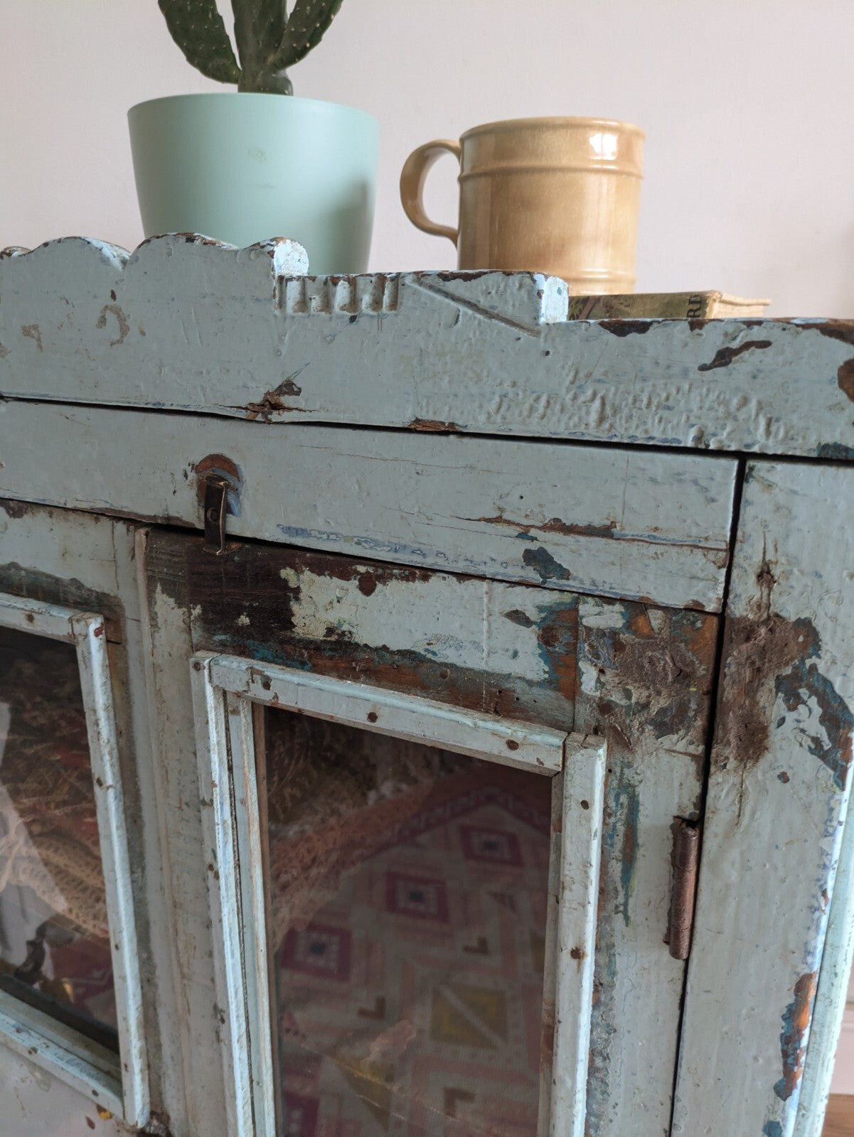 Small Antique Vintage Indian Cabinet Cupboard Painted Rare Glazed Blue Reclaimed