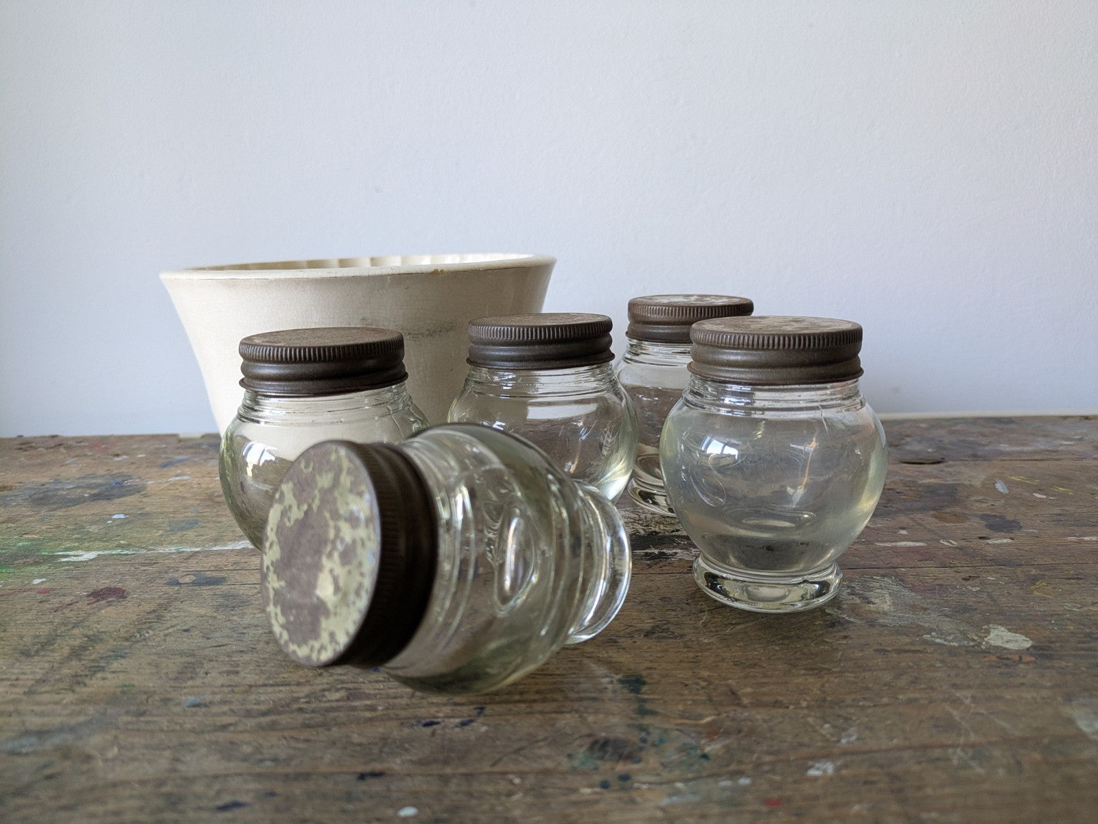 5x Rare Antique Bulb Thick Glass Round Shaped Bakers Cabinet Spice Jars Set VTG