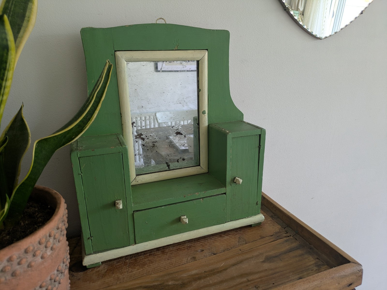 Antique Romanian Art Deco Wood Table Vanity Mirror Drawers Green Cupboard Wall
