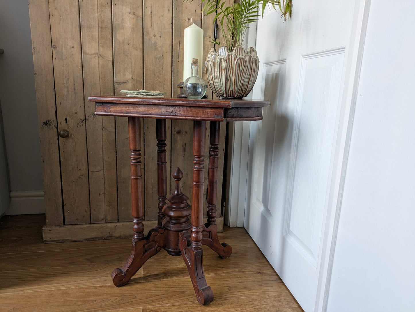 Antique Mahogany Side Table Hall Lamp Turned Legs & Finial Base Victorian C1890