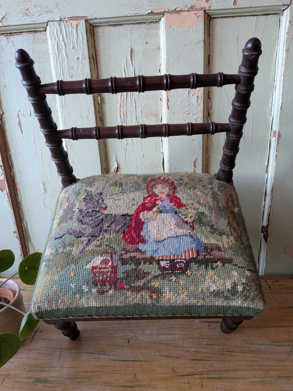Antique Bobbin Faux Bamboo Childs Chair Apprentice Tapestry Seat Red Riding Hood