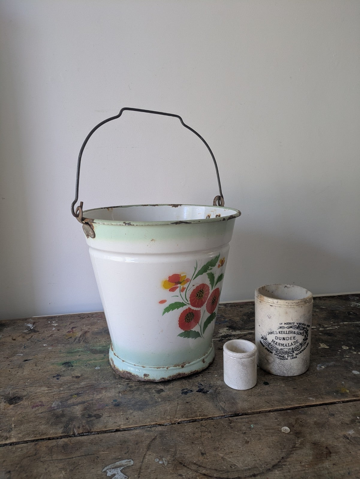 Antique White Enamel Floral Hungarian Bucket Prop Vintage Pail Garden Laundry Vg