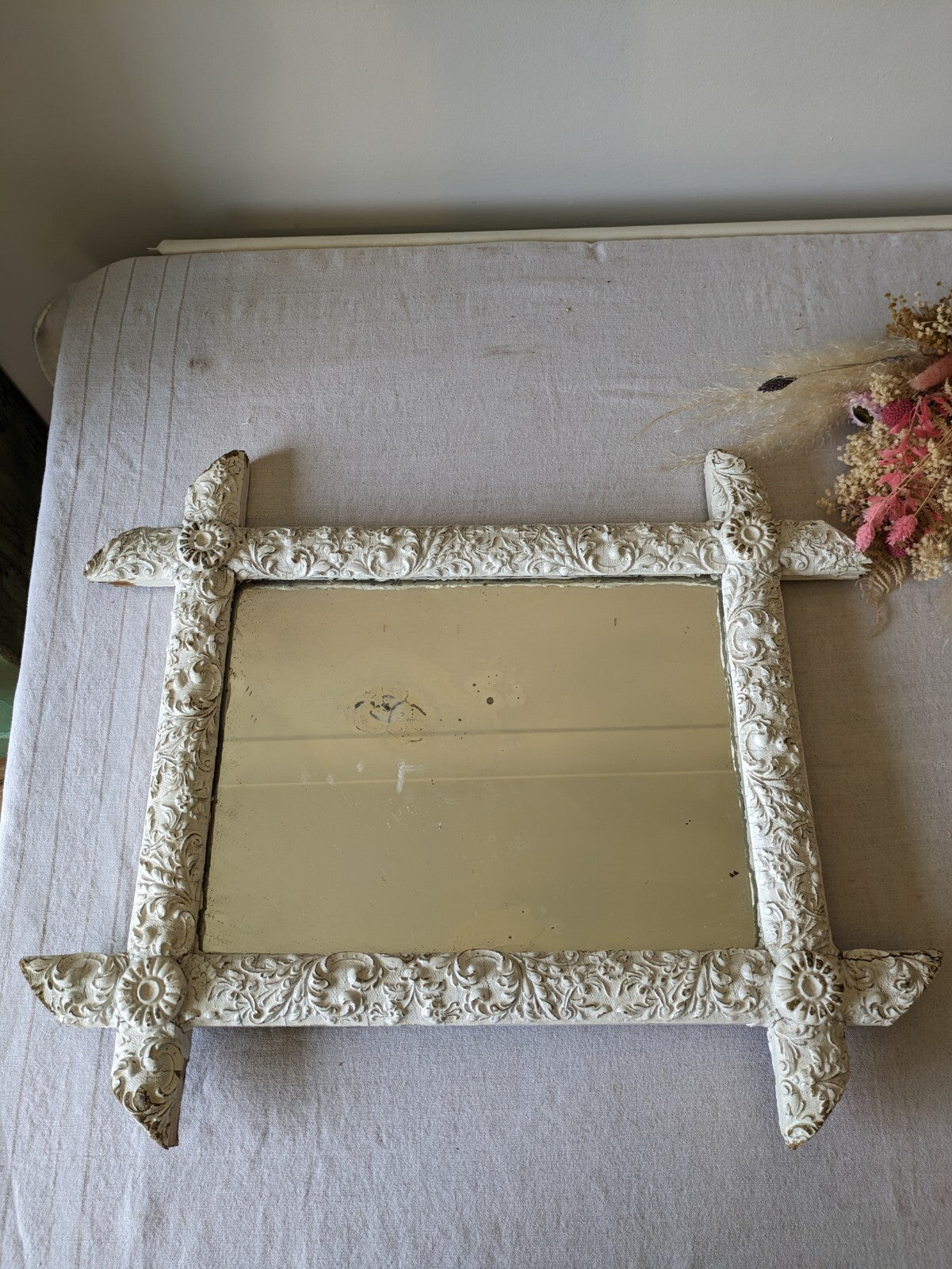 Late 19th century French Detailed distressed mirror Chippy Antique Rare Mercury