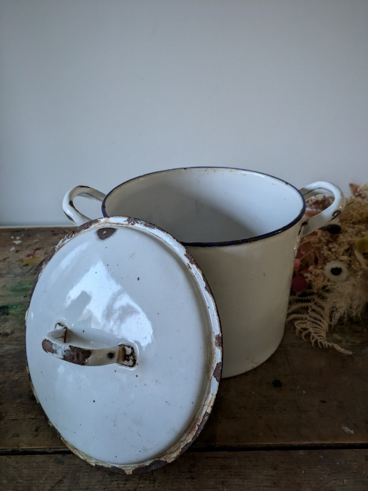 Antique Enamel French Flour Pot White Round Bread Container Lid Prop Vtg Retro