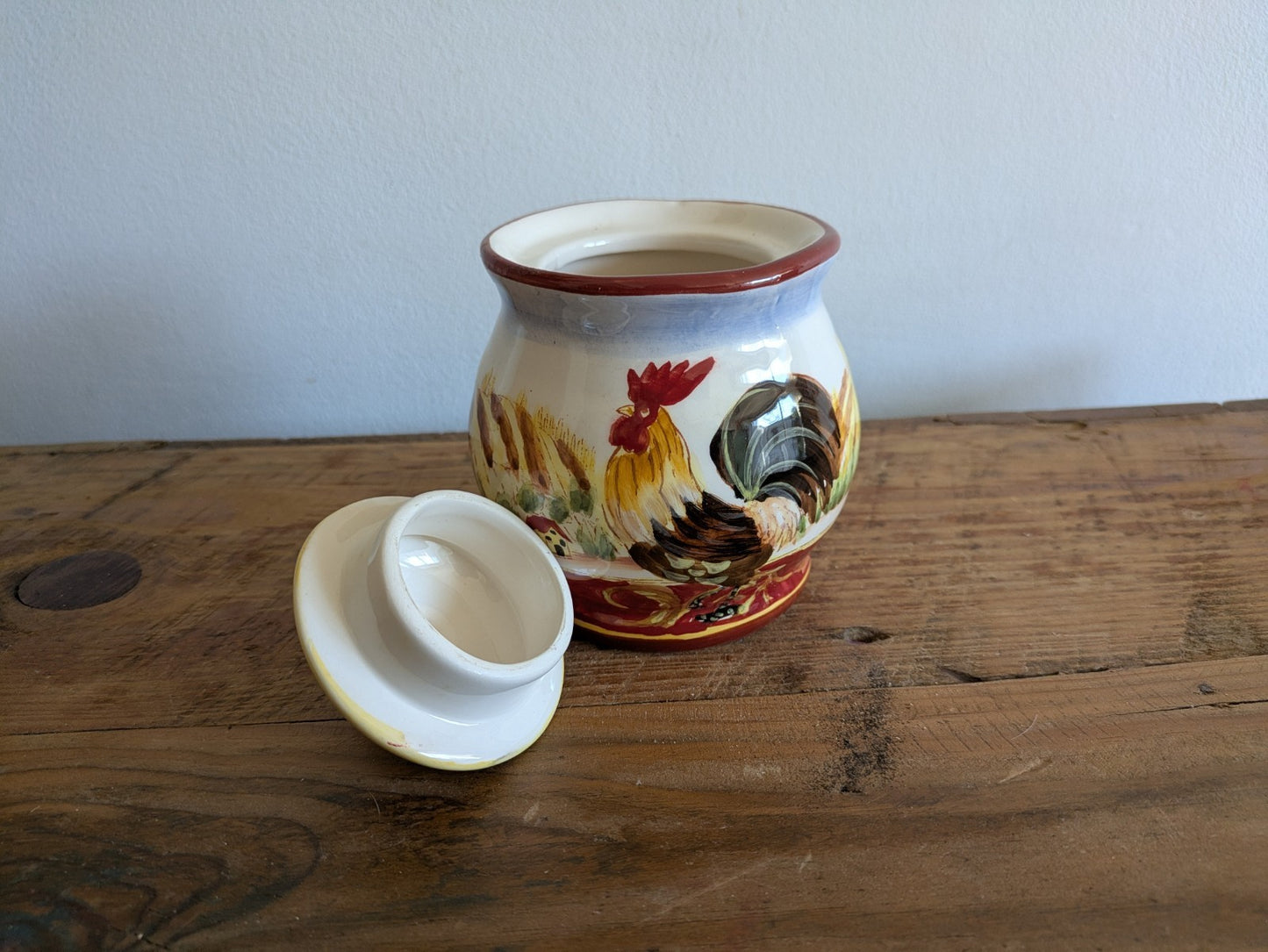 Provincial Rooster French Pottery Farmhouse Kitchen Canister Pot Lid Jar Painted