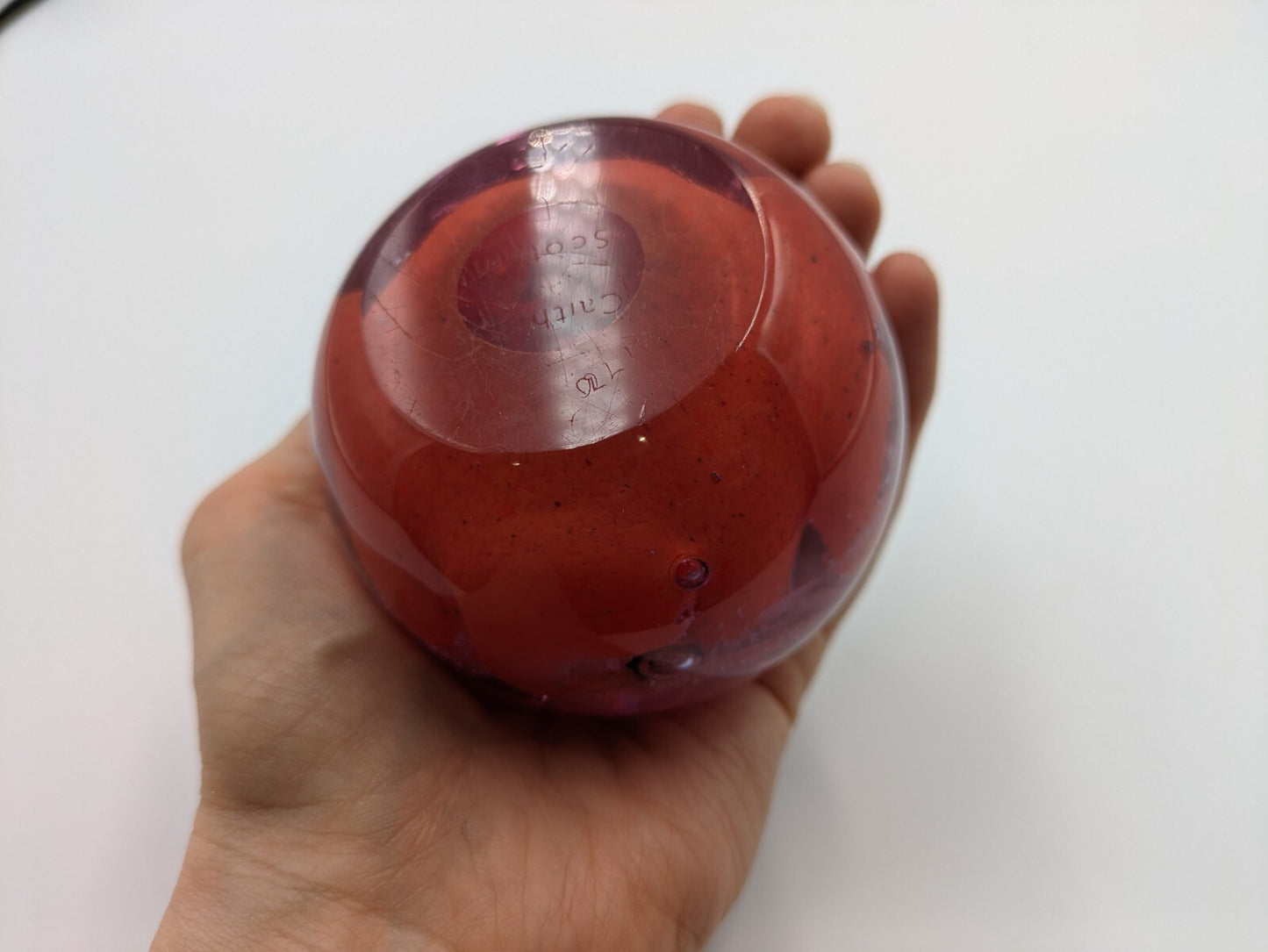 Glass Paperweight Caithness Inferno Scotland Red Ball Controlled Bubbles Purple 