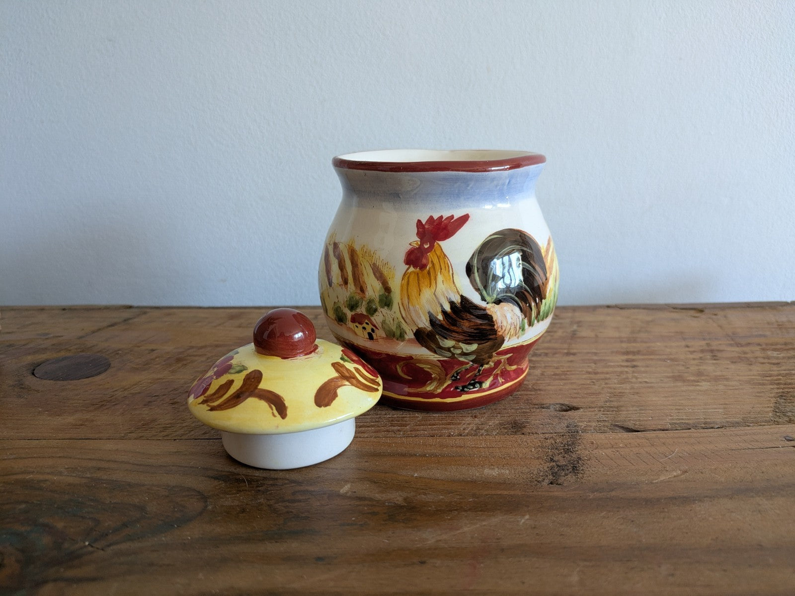 Provincial Rooster French Pottery Farmhouse Kitchen Canister Pot Lid Jar Painted