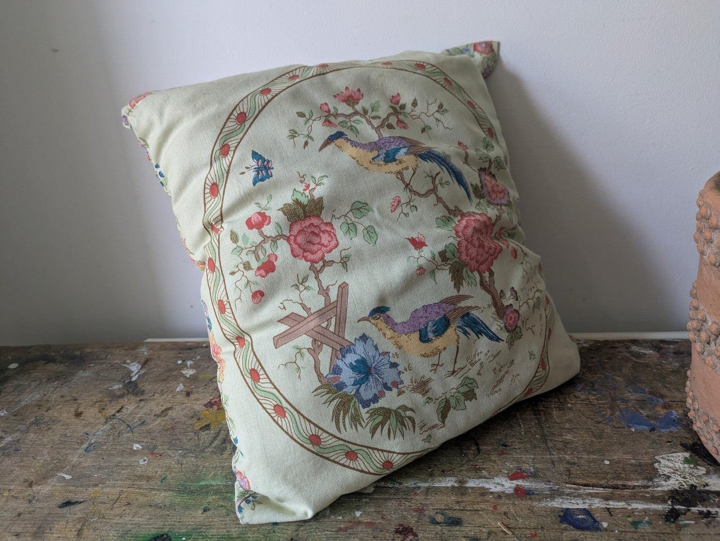 Pretty Cushion Cover Filled Vintage Quaintree Exotic Bird Fabric Handmade Vgc 