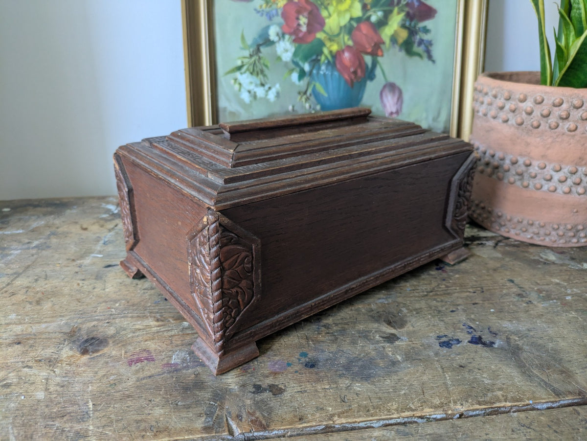 Antique 19th Century Carved Wood Stationary Box Deco Arts Crafts Oak Caddy Vtg