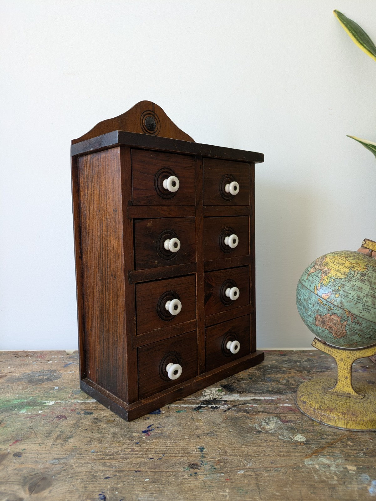 Antique Set of Eight Early 20th Century Wooden Spice Drawers Porcelain Knobs Vtg