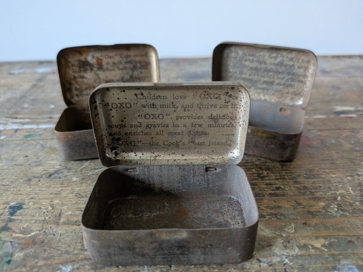 3x Vintage Miniature OXO Cubes Tins Small Rusty Kitchen Advertising Food Gravy 