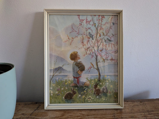 Vintage Framed Margaret Tarrant Print "Morning Carol" Picture Retro Kitsch Decor