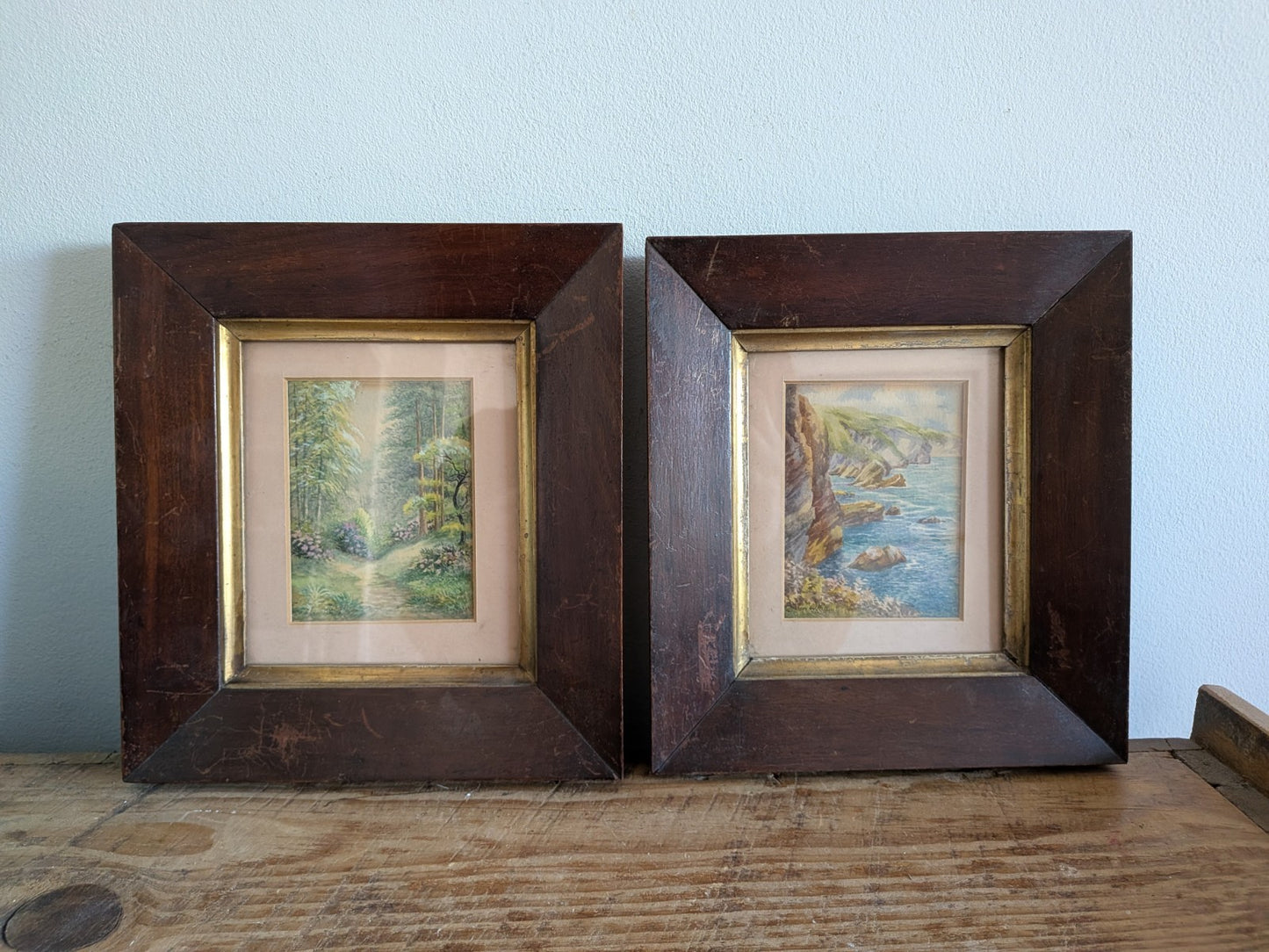 Pair Antique Framed Alan White Vtg Watercolour Signed Langcliff Woods Painting 