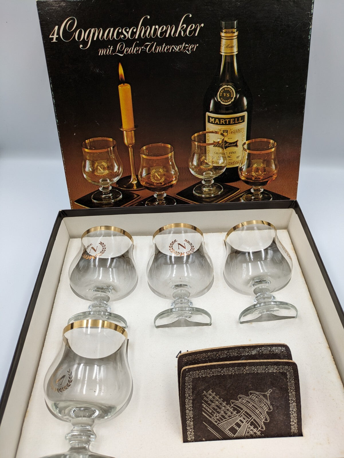 4 X NAPOLEON RETRO BRANDY COGNAC GLASSES GOLD CROWN BALLOON STYLE SNIFTERS Boxed