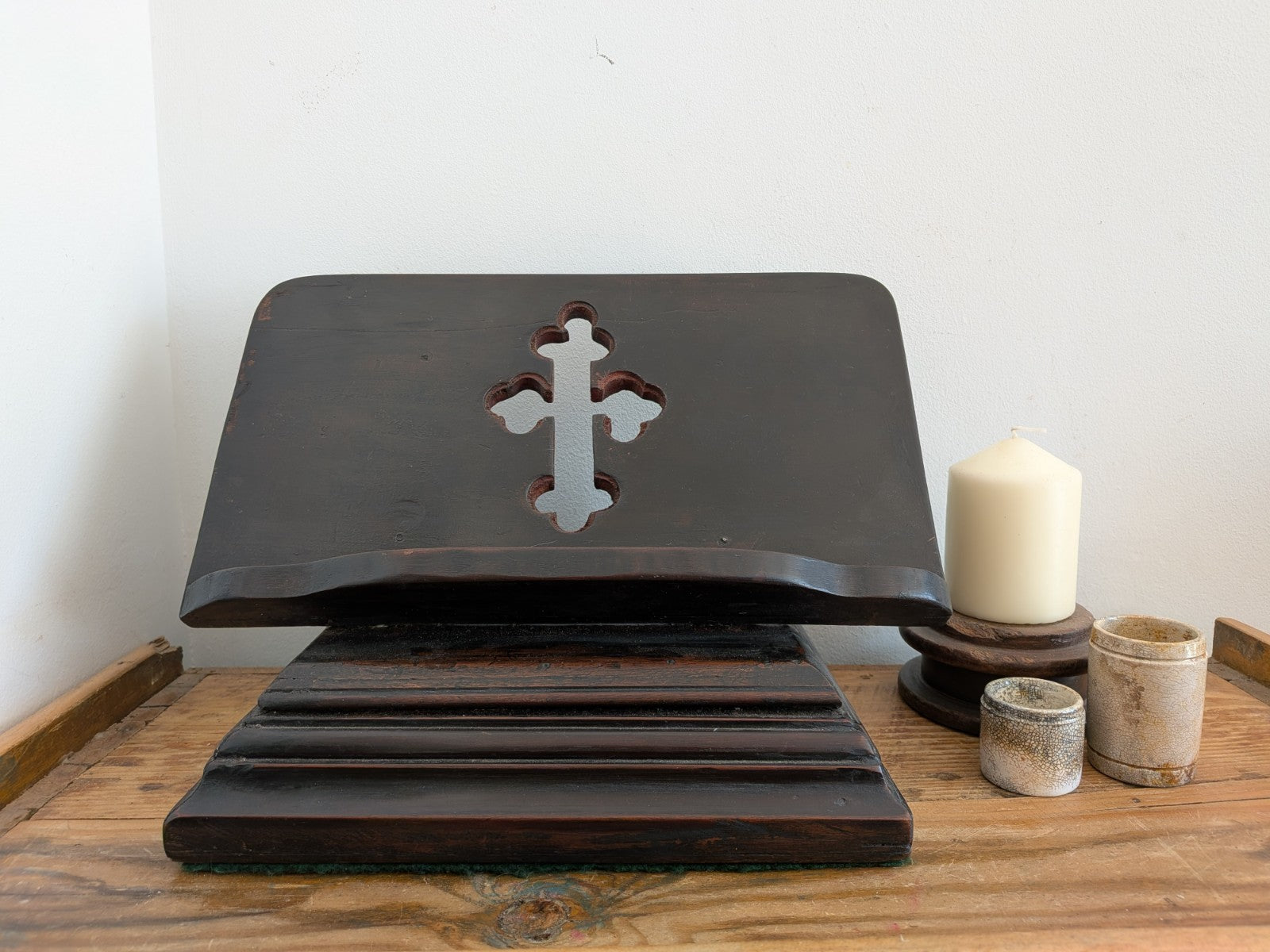 Antique Wood Carved Bible Stand  Lectern Religious Crucifix Book Rest Missal Vtg