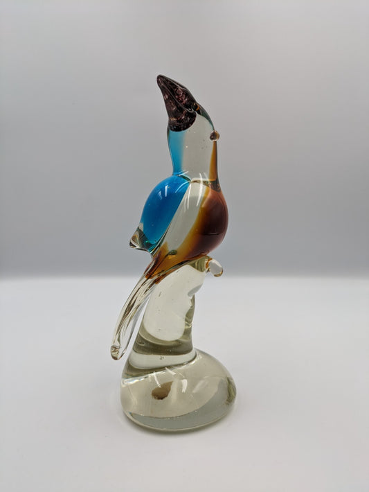 Large Murano Style Heavy Art Glass Brown Blue Bird Vtg Parrot Figurine 21.3cmH 
