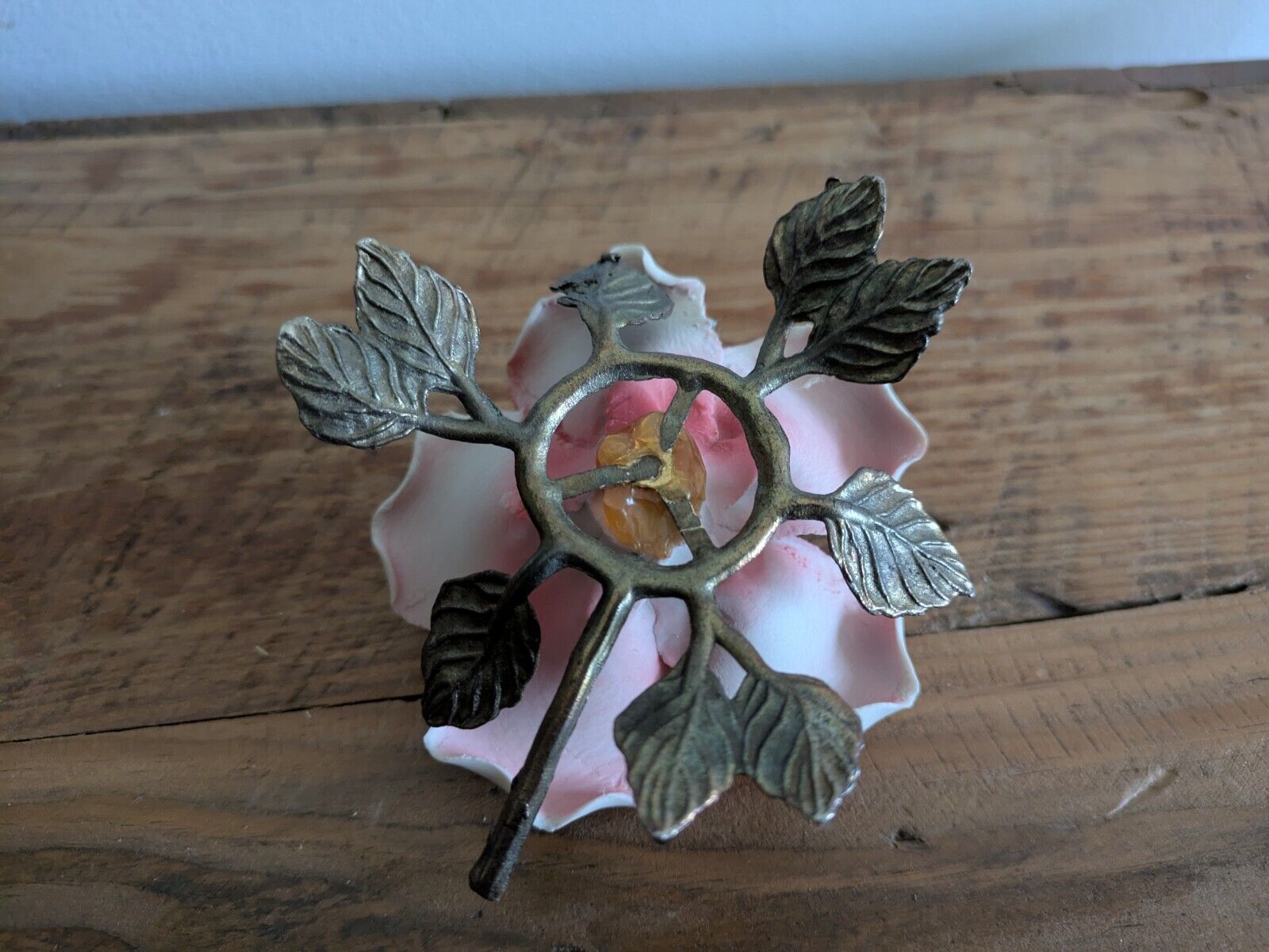 Vintage Capodimonte ~ Red Rose Flower On Metal Stand  ~ Excellent 1970s Kitsch