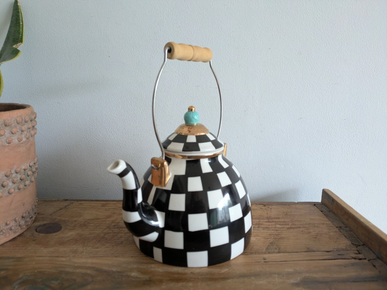 China Blue Tip Black And White Checkered Teapot With Lid MacKenzie Child Style