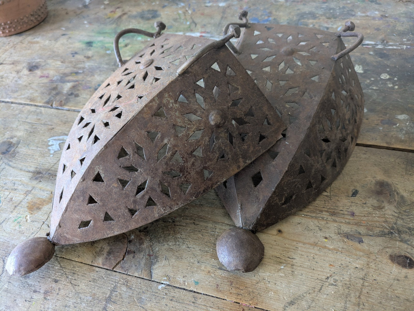 Pair Handmade Pierced Open Iron Moroccan Wall Sconces Lights Candles Lamp Decor