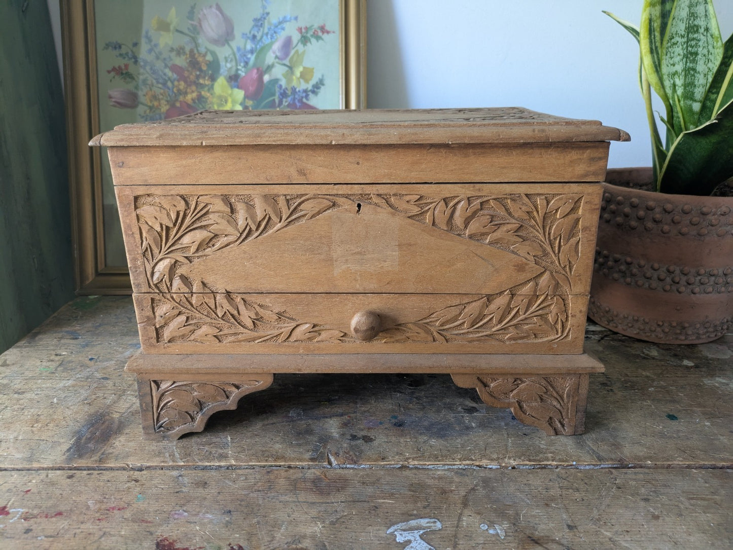 Vintage Hand Carved Indian Wooden Storage Cabinet Chest Trunk Mango Wood Box Sml
