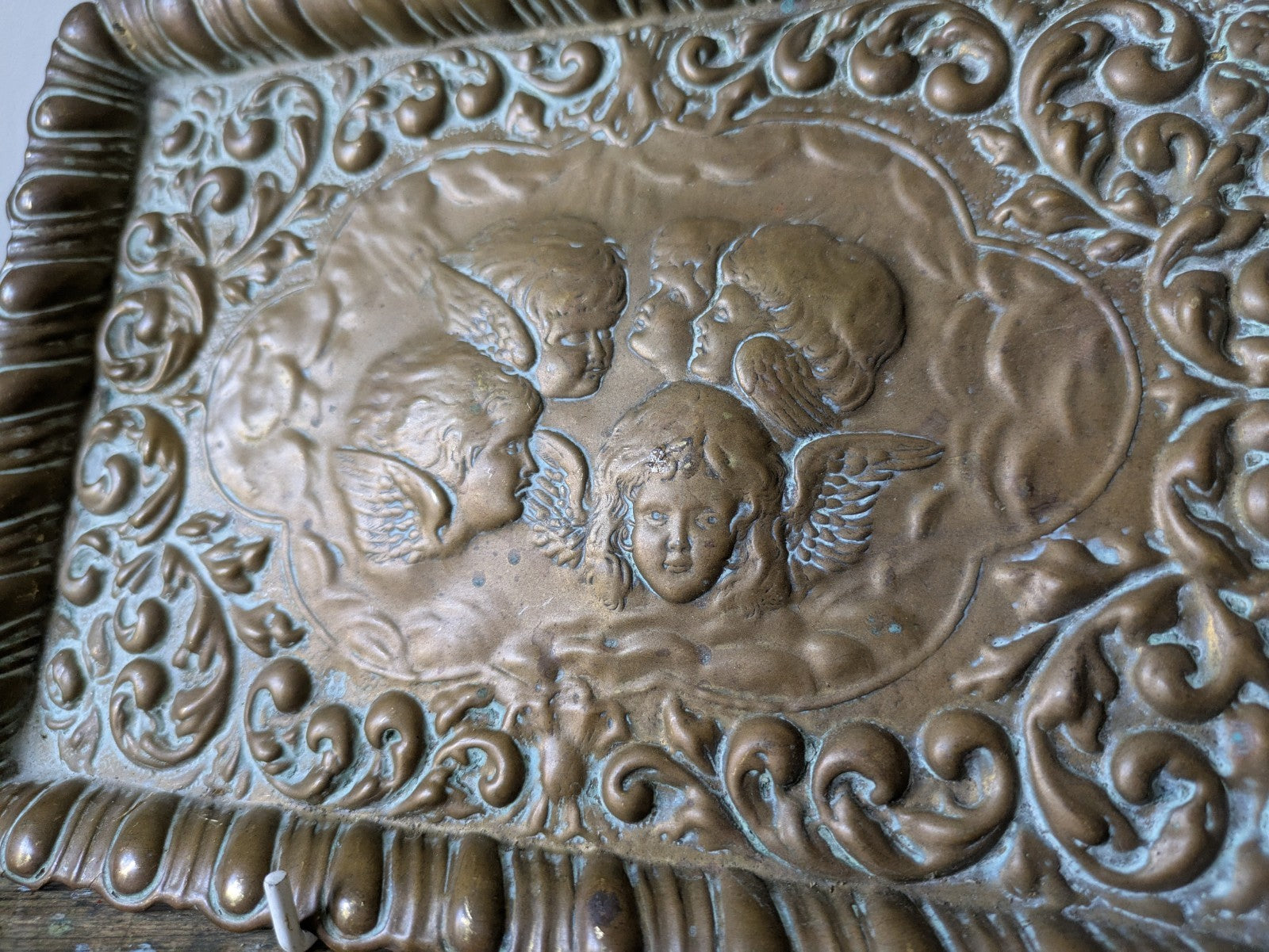 Antique REYNOLDS ANGELS Embossed Dressing Table Tray 1900s Cherubs Ornate Brass