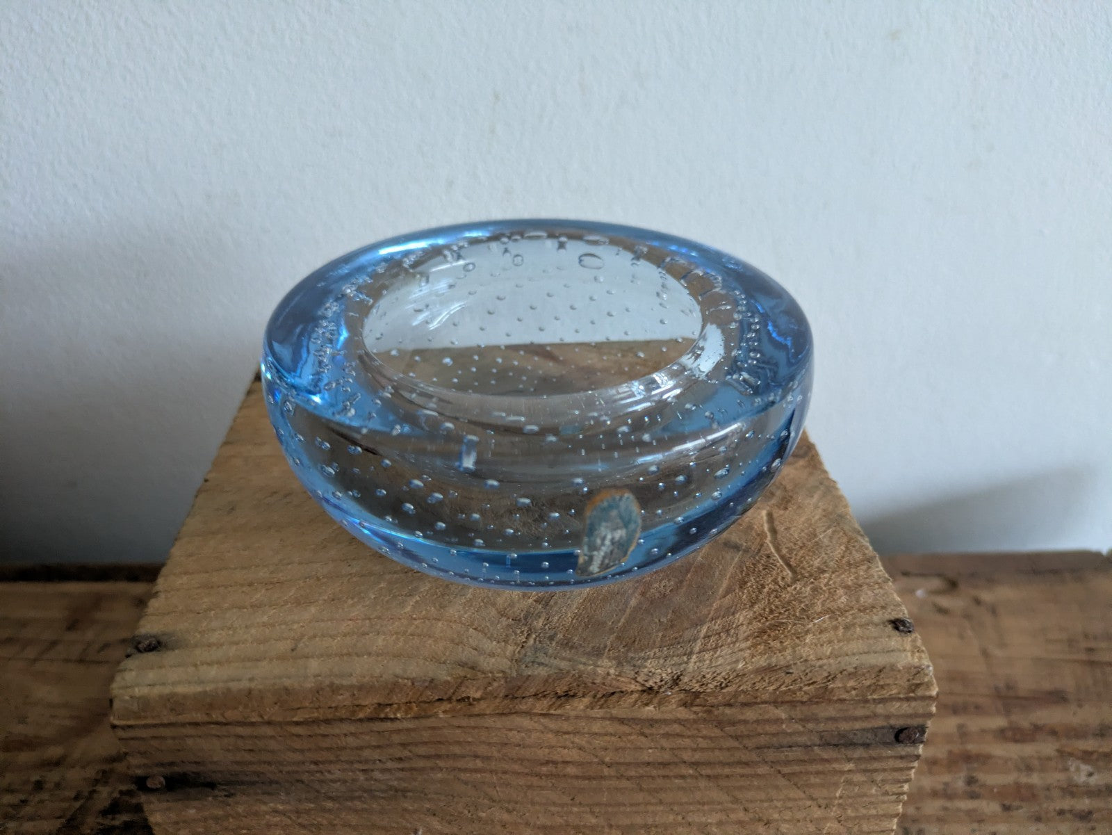 Retro Whitefriars Controlled Bubble Glass Small Dish / Bowl  Blue Vintage 1970's