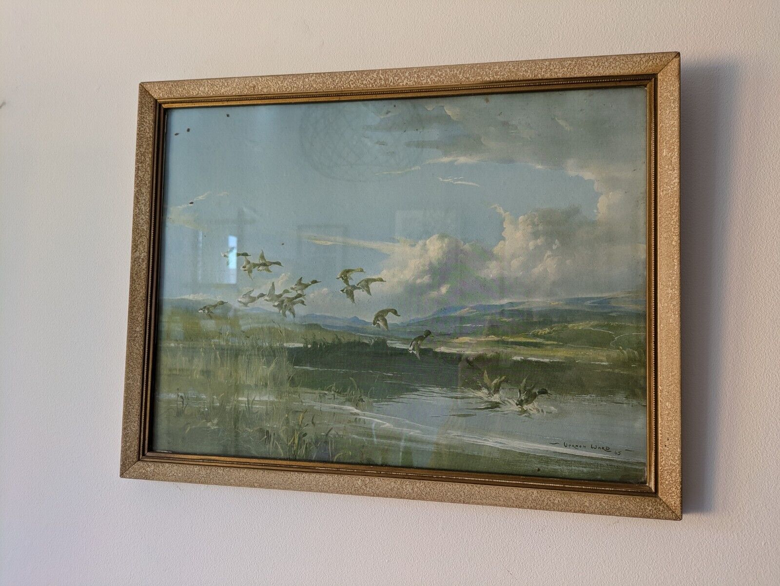 Vintage Vernon Ward Print Framed Art Painting The Flight Back 1945 Flying Ducks