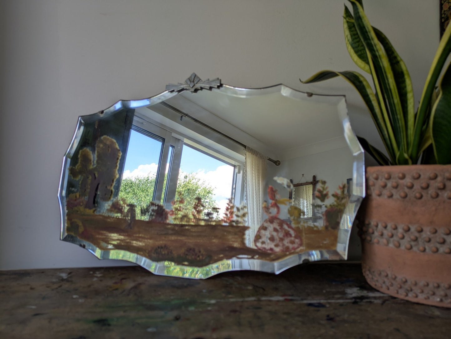Vintage Art Deco Hand Painted Bevelled Wall Mirror Crinoline Lady Spring Garden