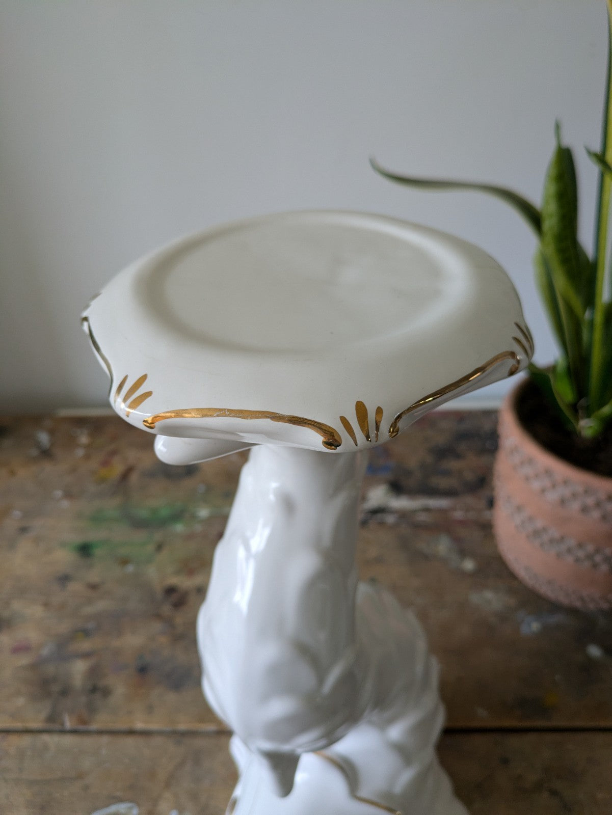 XL DOLPHIN CERAMIC CAPODIMONTE ITALIAN WHITE MID CENTURY VTG PLANT STAND TABLE