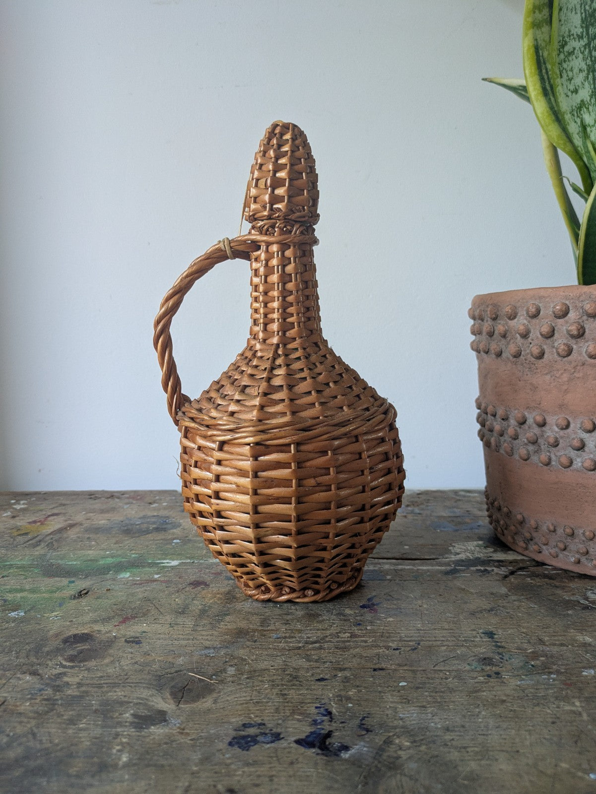 Vintage French Glass Demijohn Wine Bottle Wicker Rattan Green Glass Prop Decor 