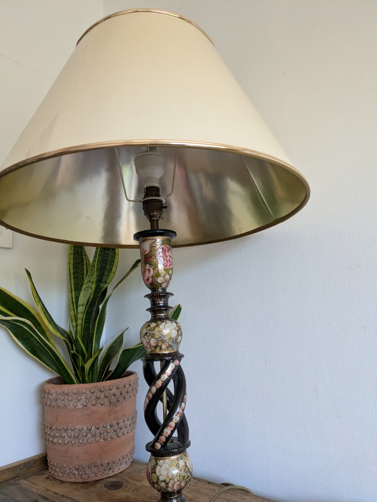 19th C Lamp Vintage Kashmiri Indian Lacquer Papier Mache Gilded Flower Cloisonne