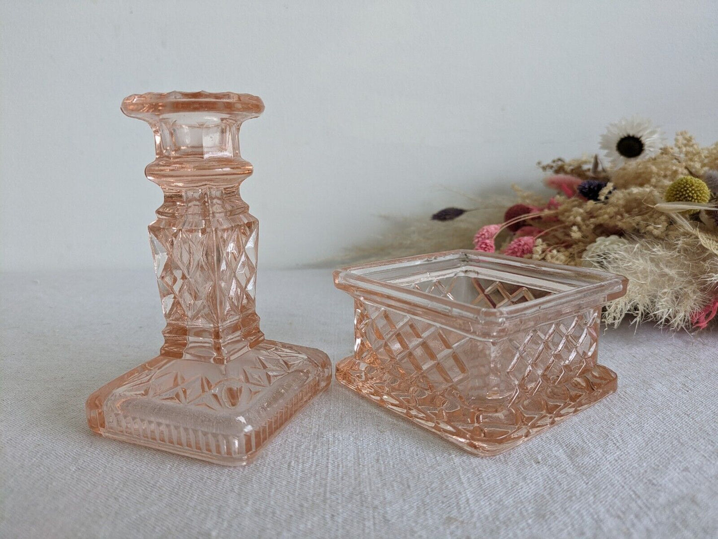Vintage Art Deco Pink Single Glass Candlestick Quilted Dish Trinket Box Rare Vgc