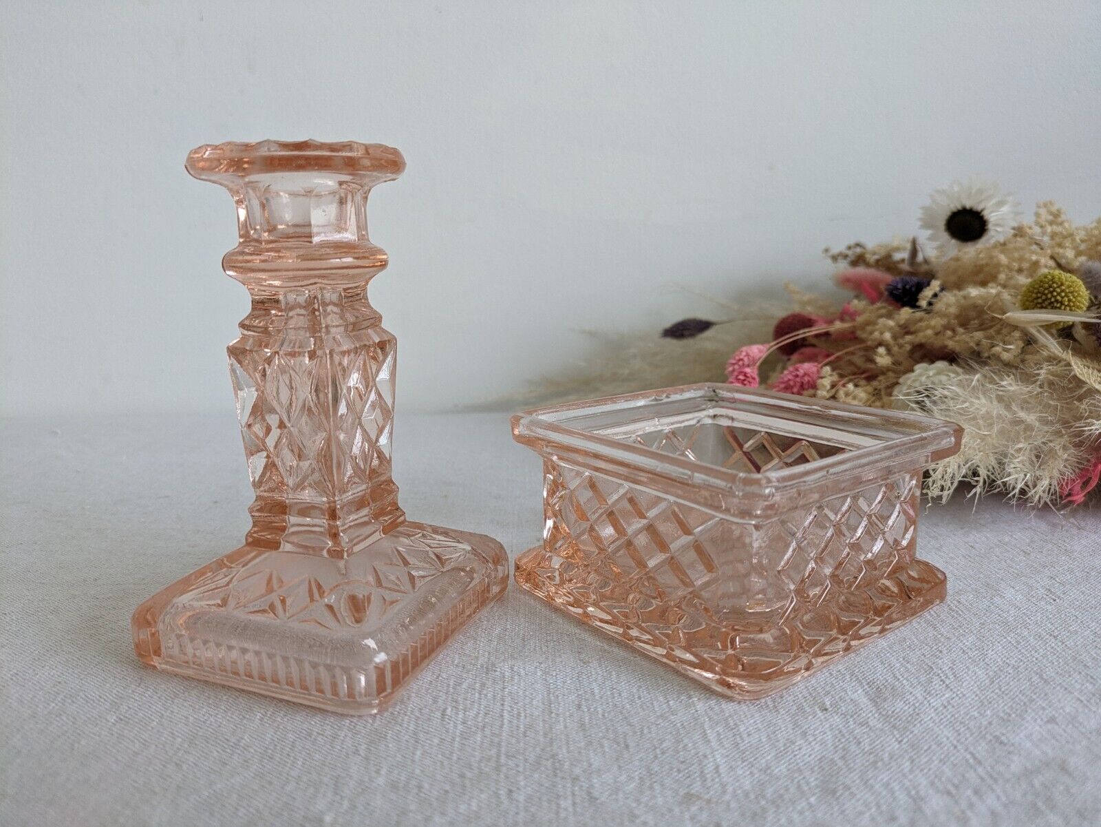 Vintage Art Deco Pink Single Glass Candlestick Quilted Dish Trinket Box Rare Vgc