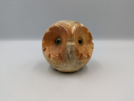 Vintage Retro Kitsch Alabaster Stone Owl Carved Yellow Glass Eyes Stone 7.5cm