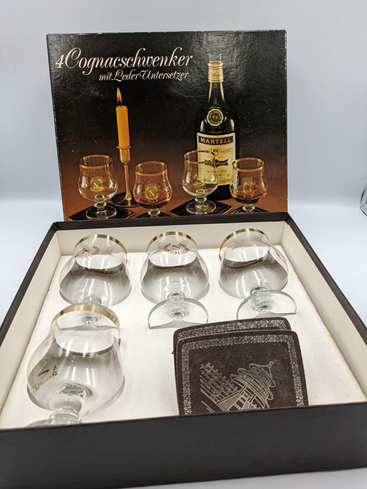 4 X NAPOLEON RETRO BRANDY COGNAC GLASSES GOLD CROWN BALLOON STYLE SNIFTERS Boxed