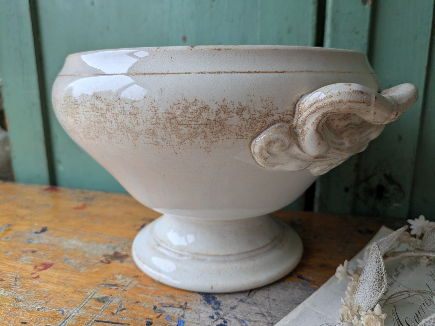 Antique French Faience Soup Tureen/ Soupiere Opaque De Sarreguemines Crazed Rare