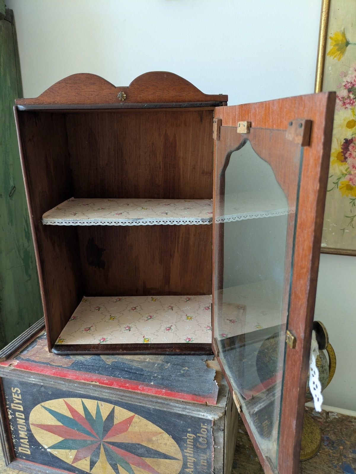 Antique Wooden Display Cabinet Shelves Vintage Wall Cupboard Bathroom Medicine 