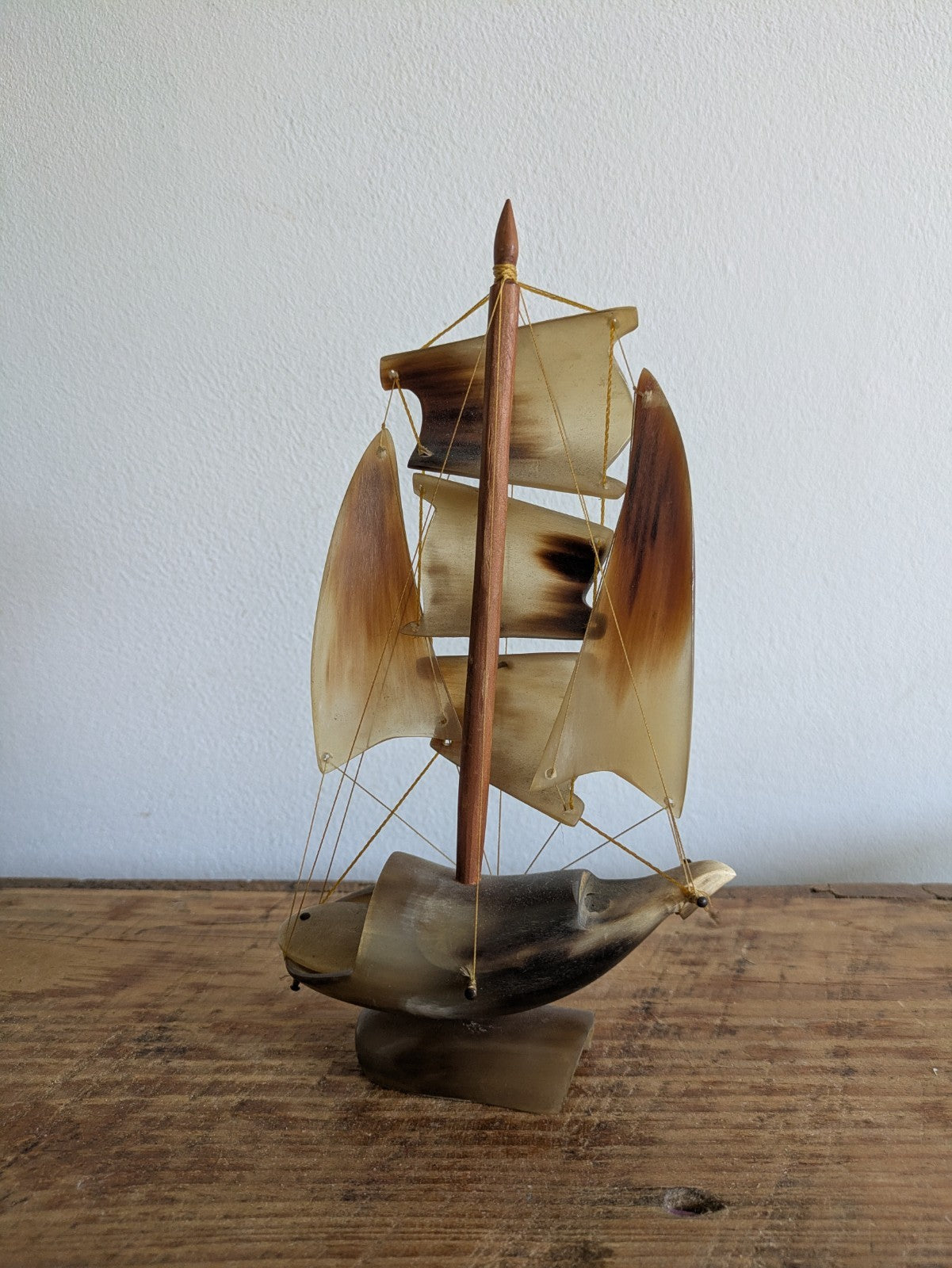 Vintage Hand Carved Nautical Sailing Ship Boat Made of Horn Masts Props Gift Vgc