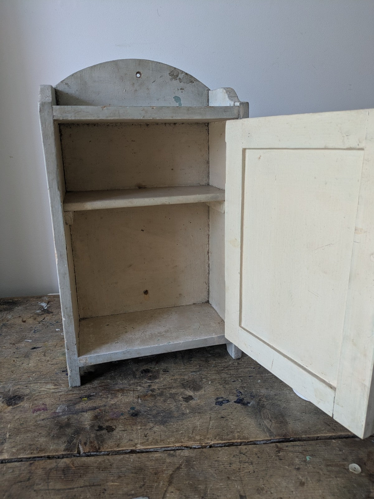 Vintage Mid-century Bathroom Chippy Wooden medical wall cabinet Retro White Prop