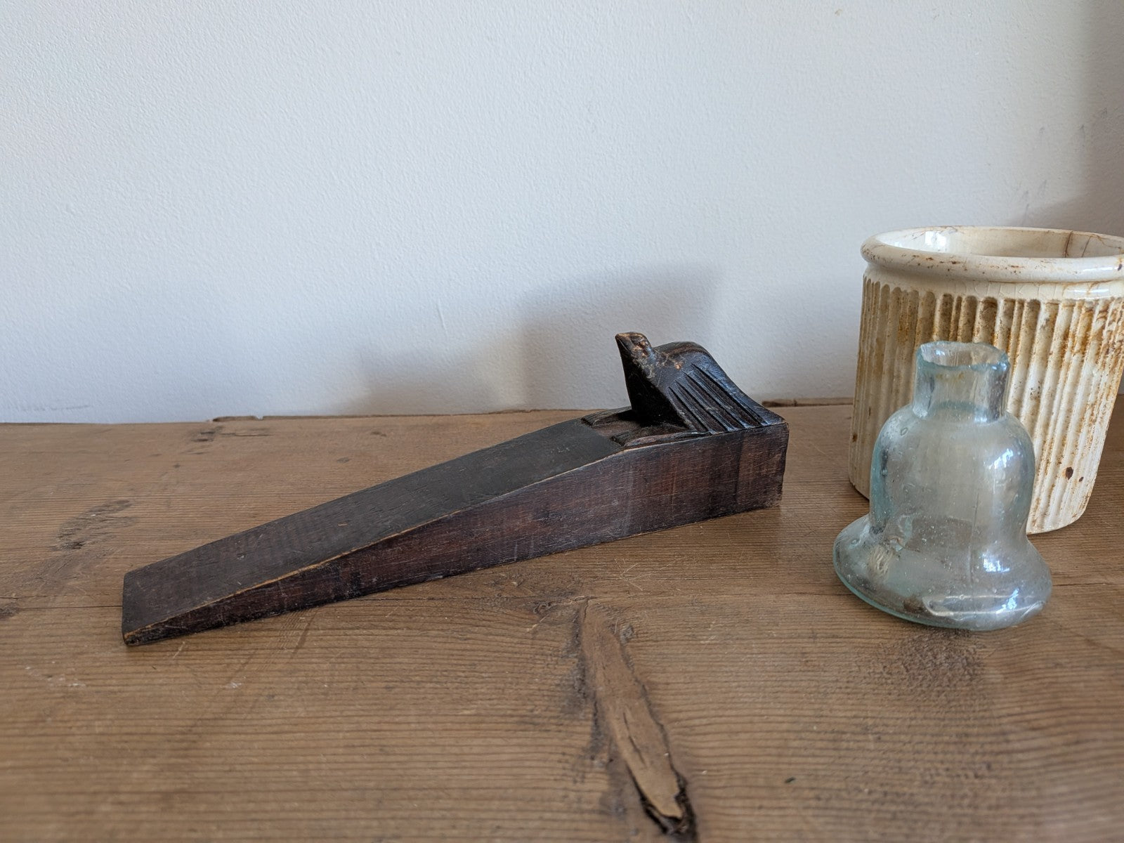 Antique Carved Bird Doorstop Primitive Wood Wedge Eagle Hawk Folk Art Phoenix 
