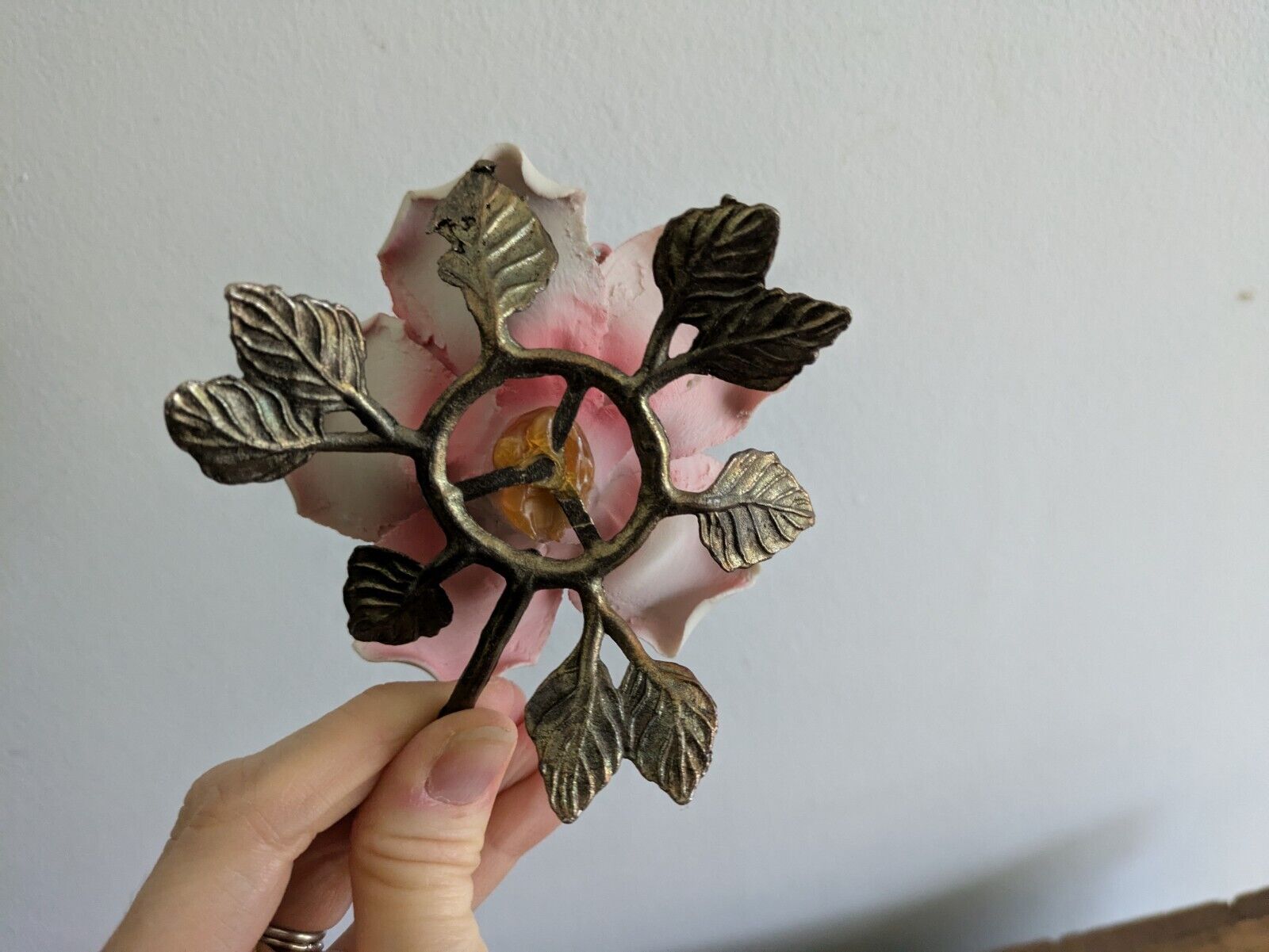 Vintage Capodimonte ~ Red Rose Flower On Metal Stand  ~ Excellent 1970s Kitsch