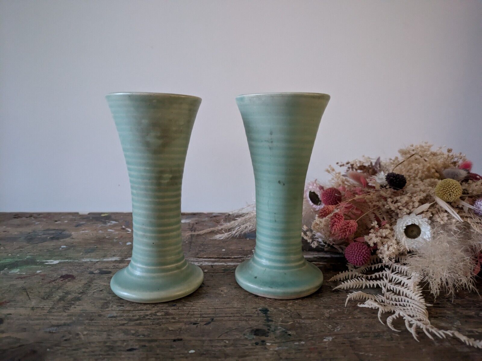 2x Lovatts Langley Pottery Ribbed Vase Windsor Green Vintage 1930's Pair Fluted 