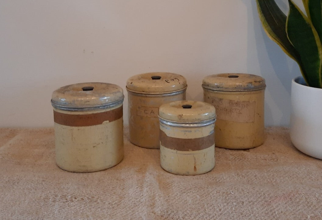 4x Vintage 1950s Cream distressed Garrison Ware Canisters Storage Tea metal retr